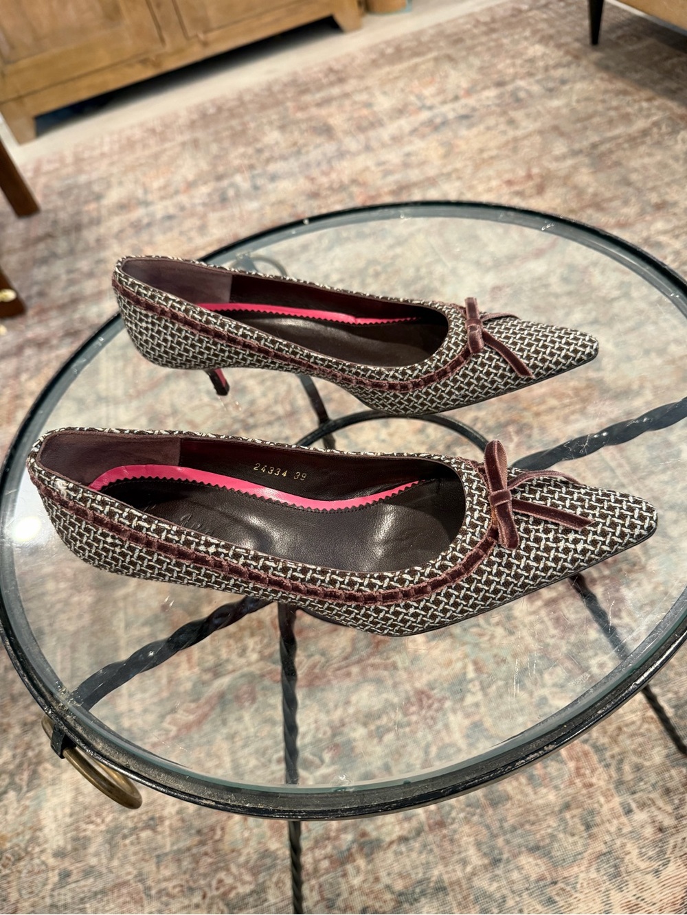 Boden brown blue and cream woven pointed toe kitten heels